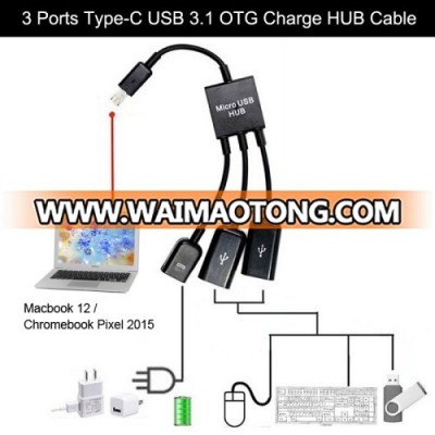 China Wholesale 3 Ports USB 3.1 Type-C OTG Charge HUB Cable for Macbook 12 / Chromebook Pixel 2015, Length: 17.8cm